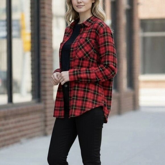 Chaps Tops - Chaps Sheer Red Plaid Button Down Womens Holiday Christmas Top Blouse Sz Medium